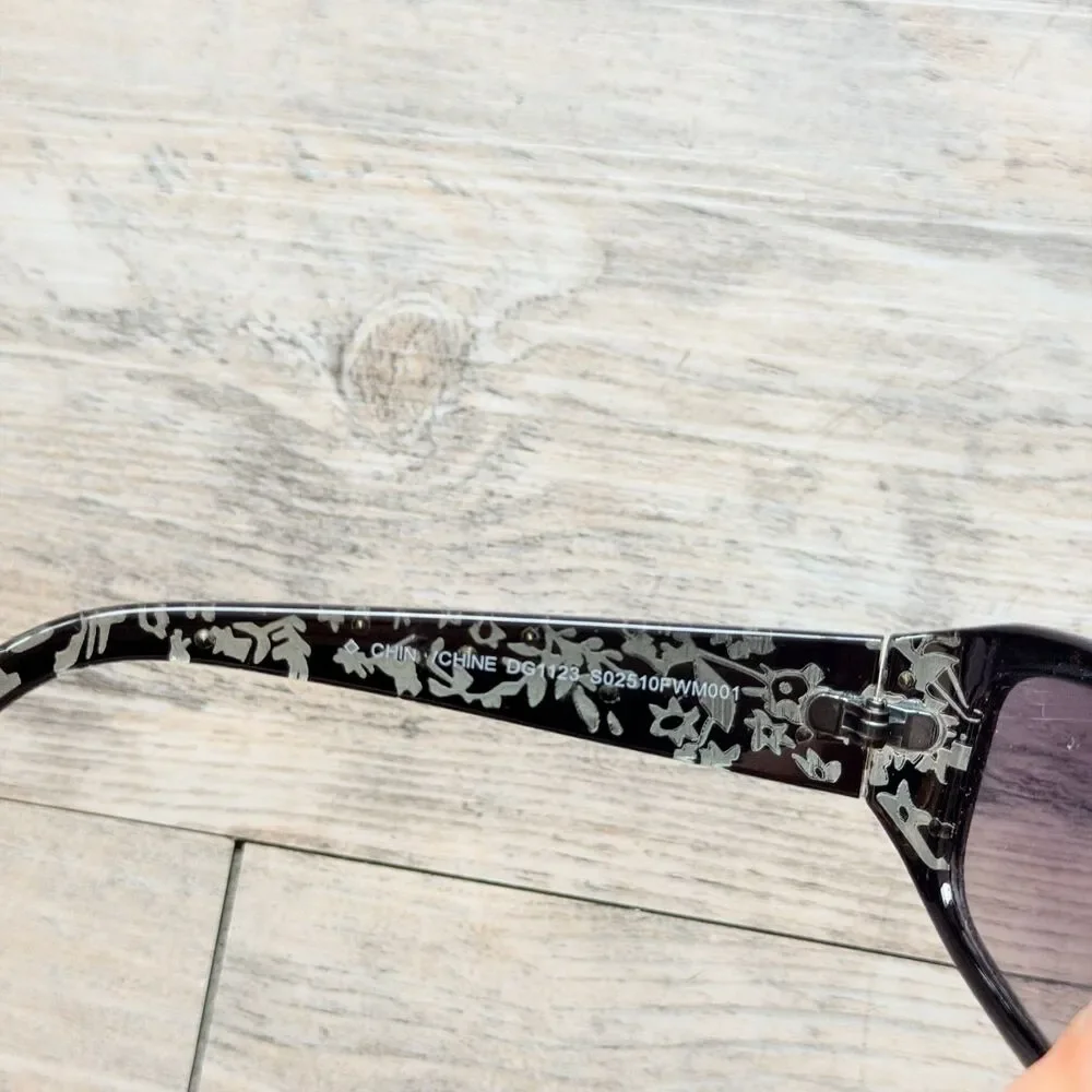 Y2K Foster Grant Black Floral Rhinestone Sunglasses Gray Rectangle Wrap Frame